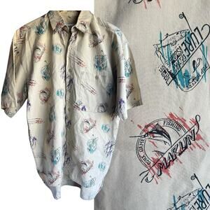 Blueprint Vintage Hawaiian Marlin Fish Camp Shirt Mens SMALL Beige Fishing Theme